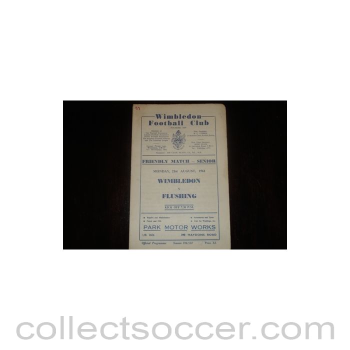 1961 - Wimbledon v Flushing official programme 21/08/1961, Semi-Professional