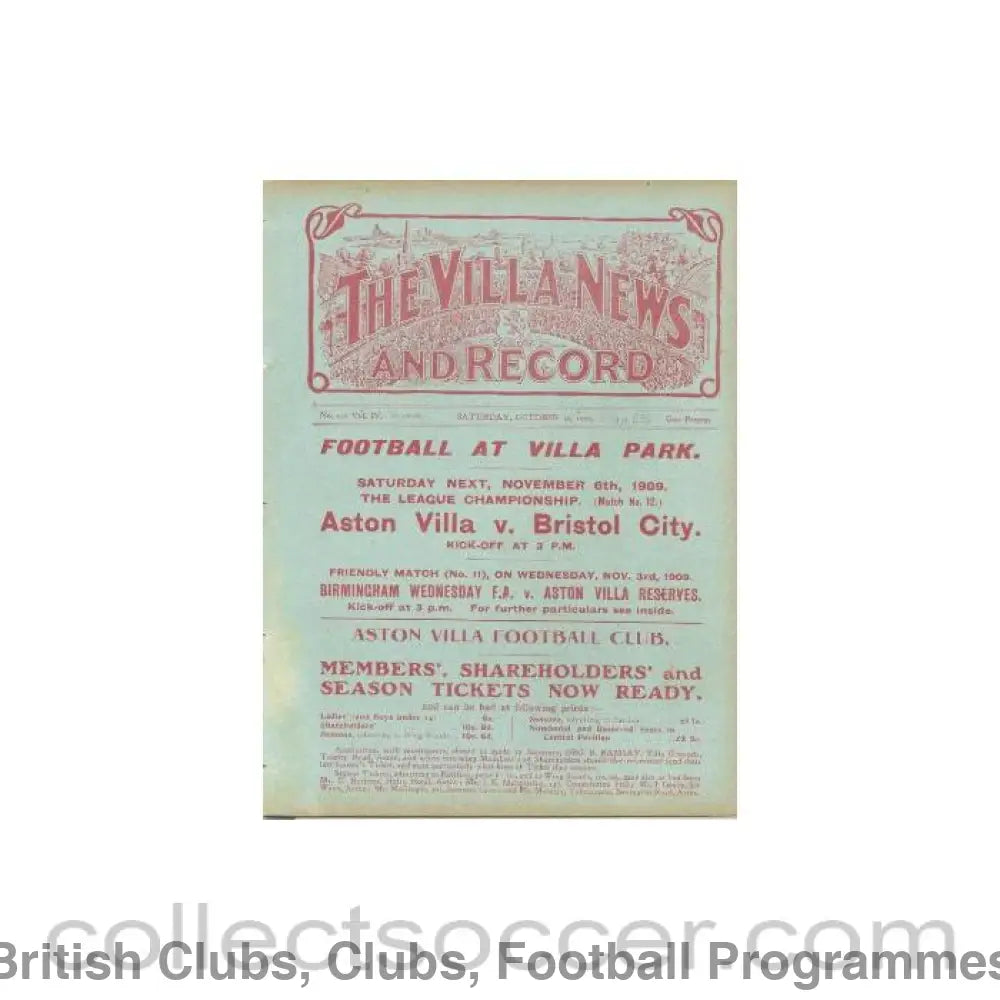 1909 - Aston Villa Reserves v Birmingham Reserves official programme 30/10/1909