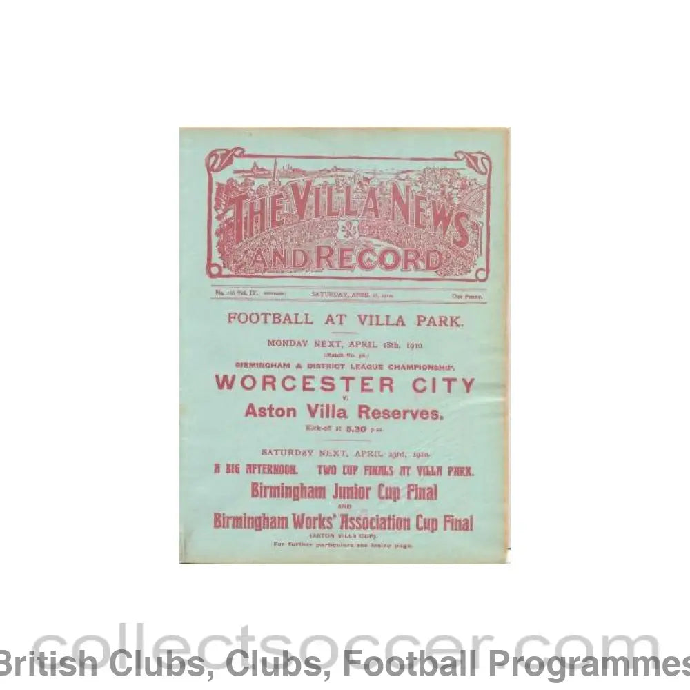 1910 - Aston Villa Reserves v Burton United Reserves official programme 16/04/1910