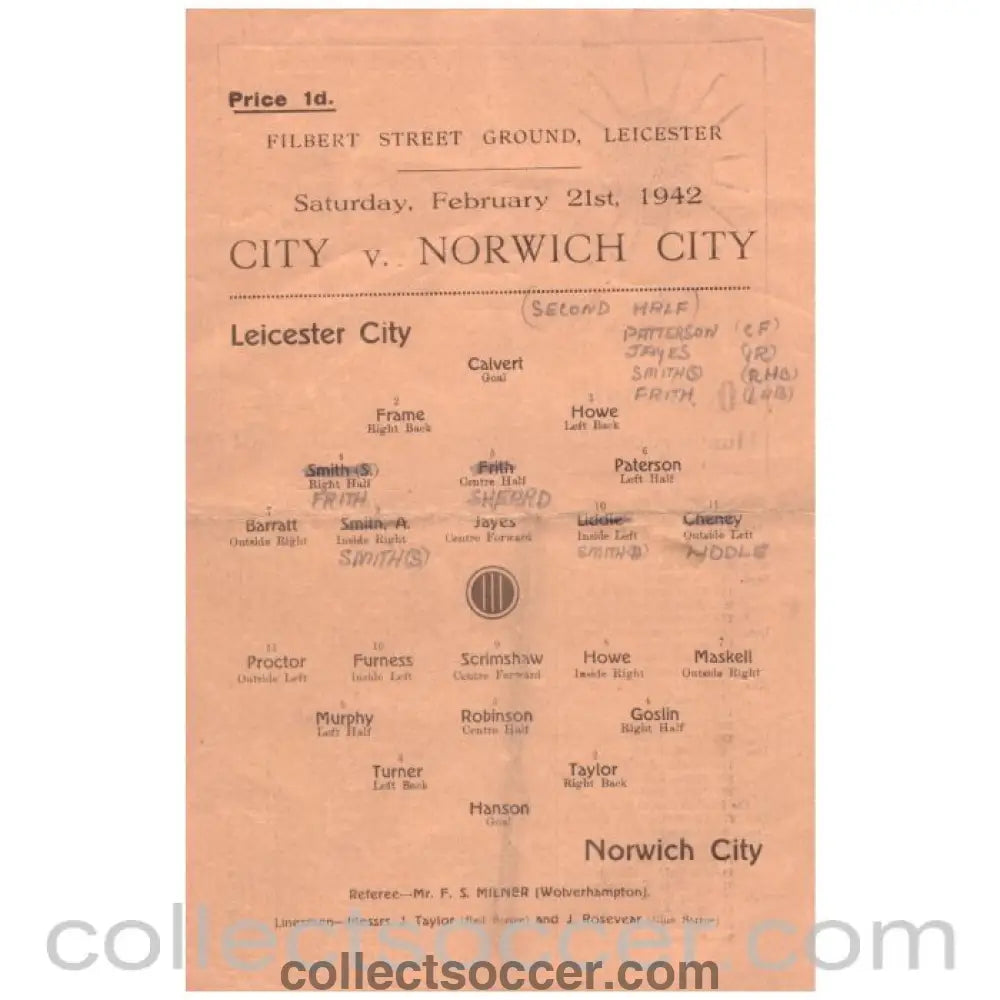 1942 Leicester City v Norwich City Programme - Collect Soccer