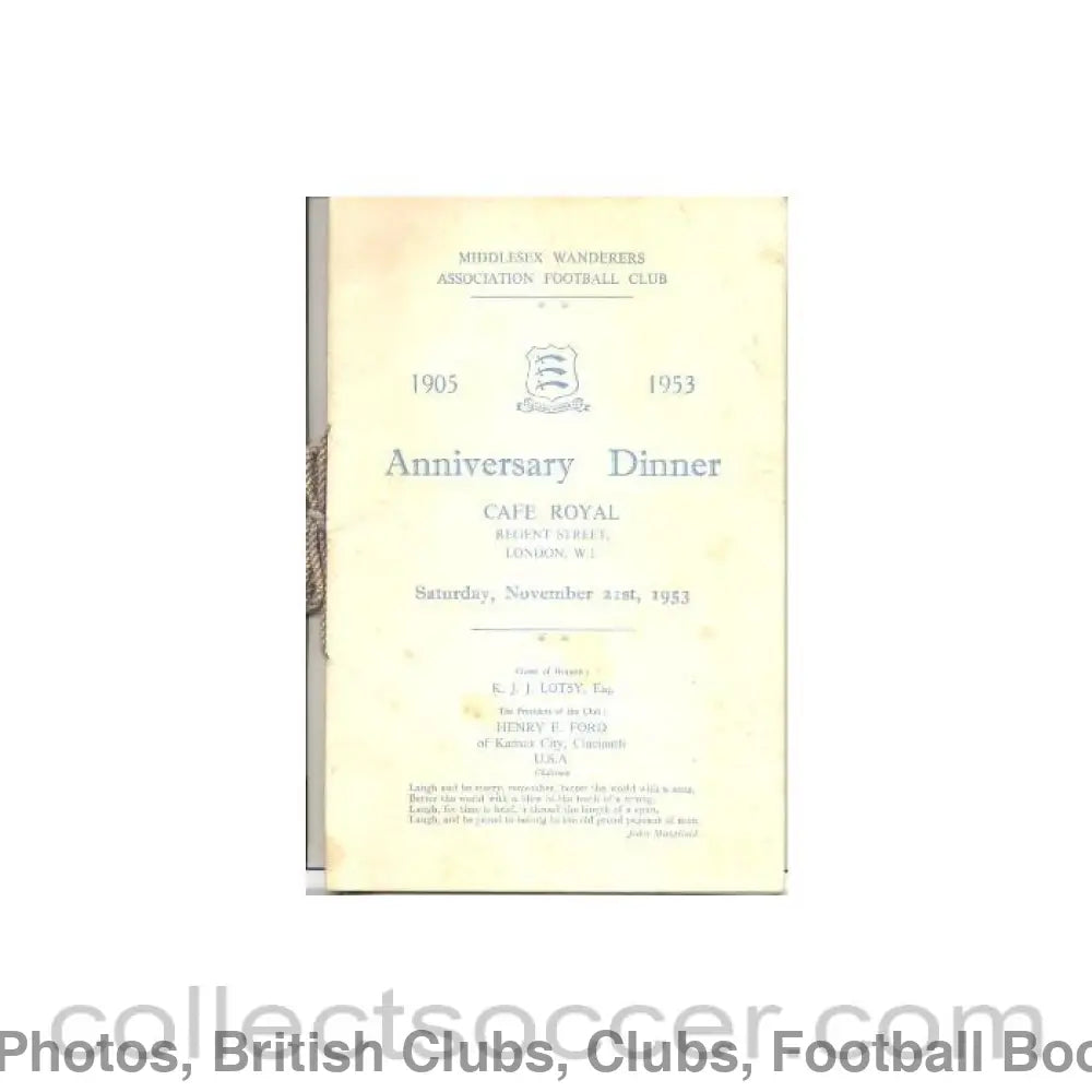 1953 - Middlesex Wanderers Anniversary Dinner Menu 21/11/1953