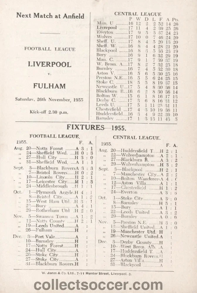 1955 Liverpool v Manchester United Central Leaague Programme 10/11/1955 Bobby Charlton + Jack Crompton play for United - Collect Soccer