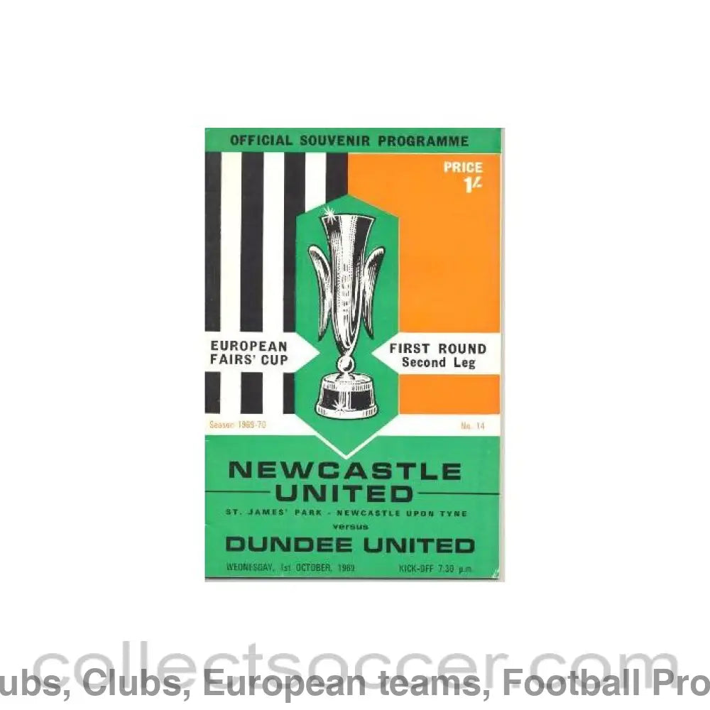 1969 Newcastle United v Dundee United European Fairs Cup official programme 01/10/1969