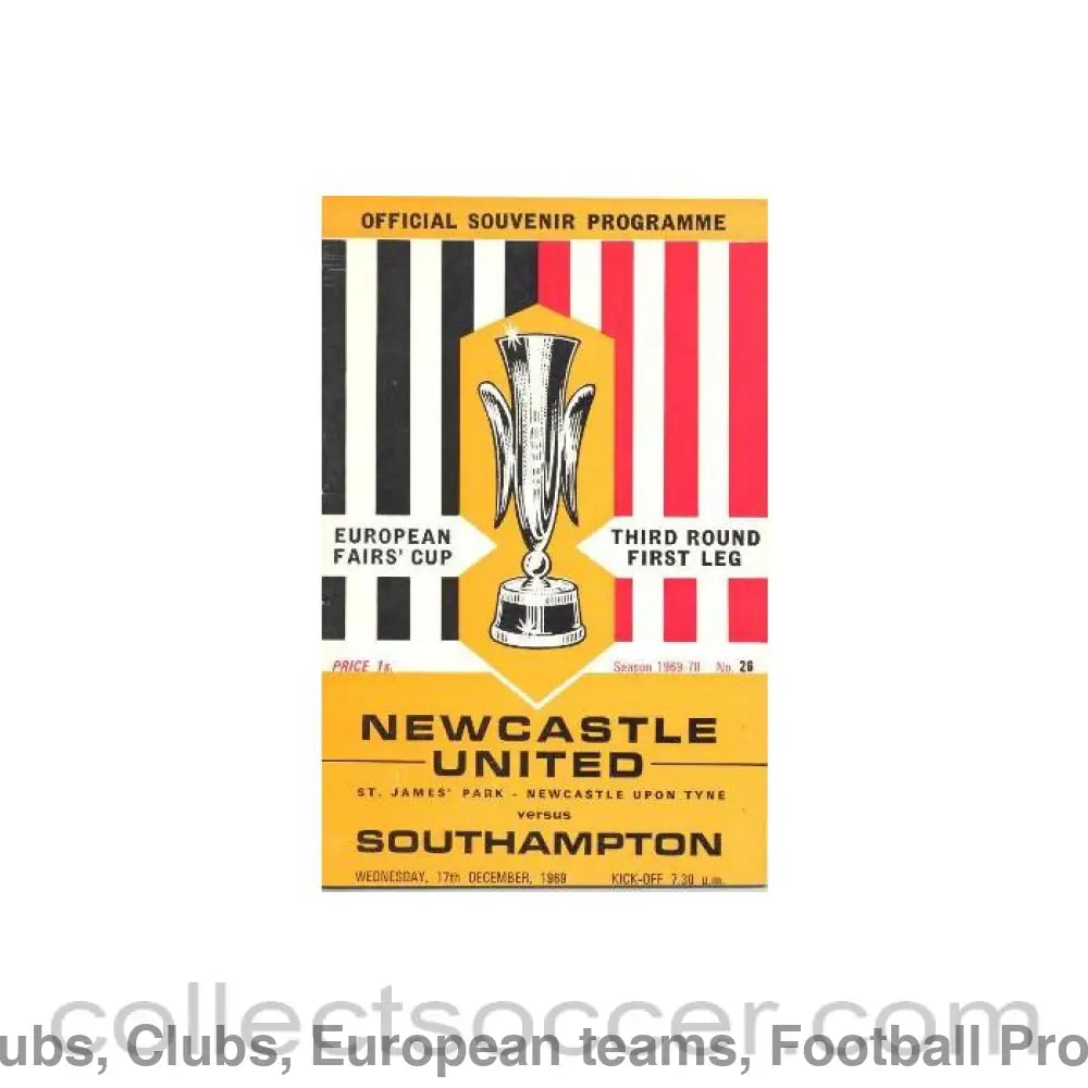 1969 Newcastle United v Southampton European Fairs Cup Third Round First Leg official programme 17/12/1969