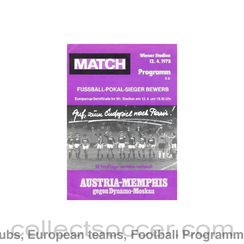 1978 European Cup Winners Cup Semi-Final Austria Memphis v Dynamo Moscow official programme