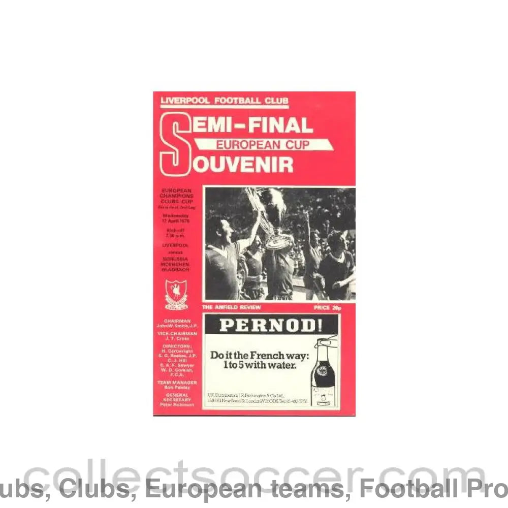 1978 Liverpool v Borussia Monchengladbach official programme 12/04/1978 European Cup Semi-Final