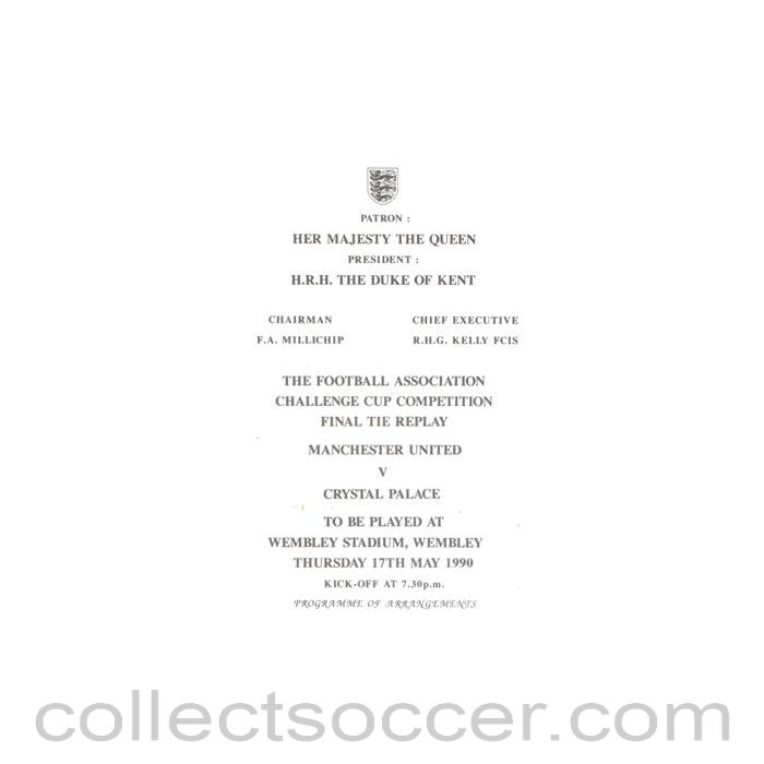 1990 League Cup Final Replay Royal Box Programme of Arrangements Manchester United v Crystal Palace 17/05/1990 at Wembley, Very Rare!