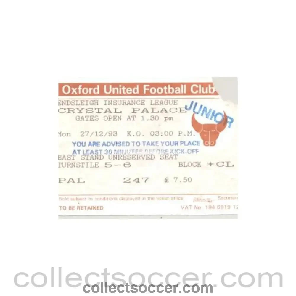 1993 - Oxford United v Crystal Palace ticket 27/12/1993