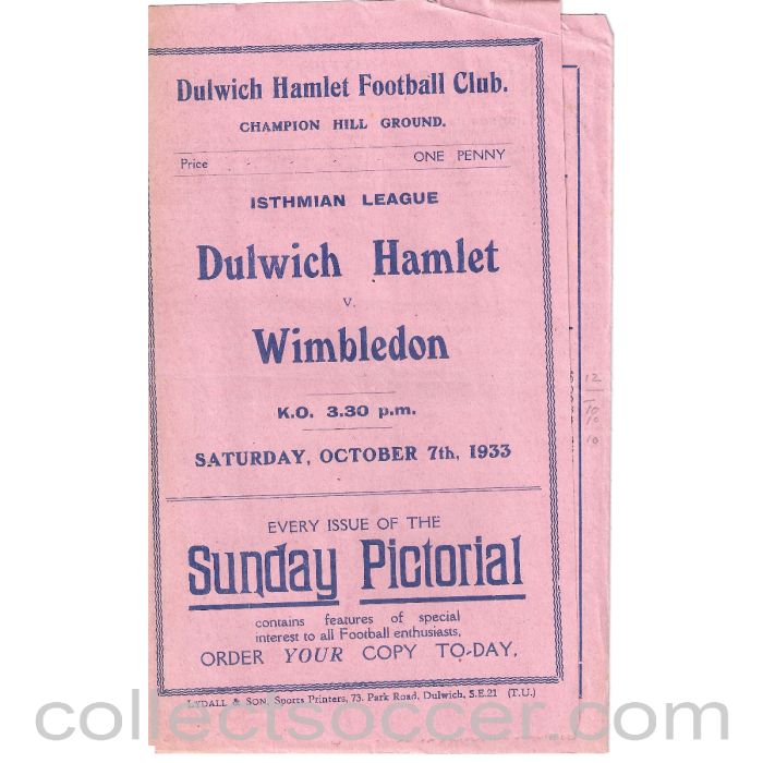 1933 - Dulwich Hamlet v Wimbledon 7/10/1933 Official Programme