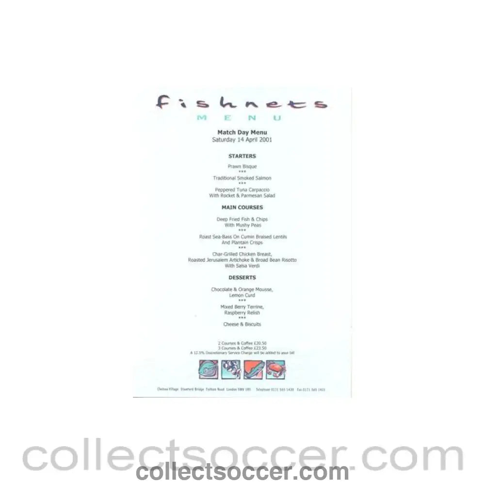 2001 - Chelsea v Southampton Fishnets menu 14/04/2001