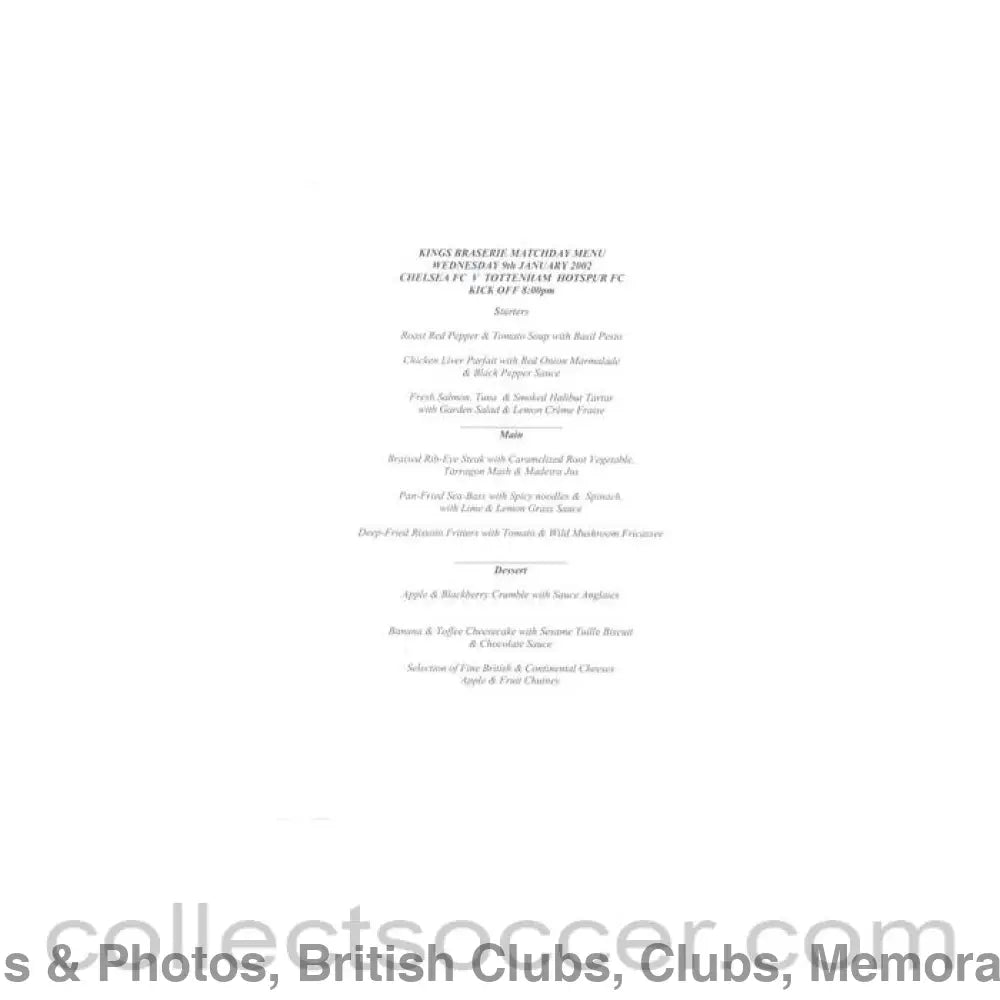 2002 - Chelsea v Tottenham Hotspur Kings Brasserie menu 09/01/2002 Football League