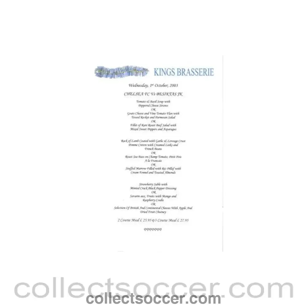 2003 - Chelsea v Besiktas King's Brasserie menu 01/10/2003 Champions League - Collect Soccer