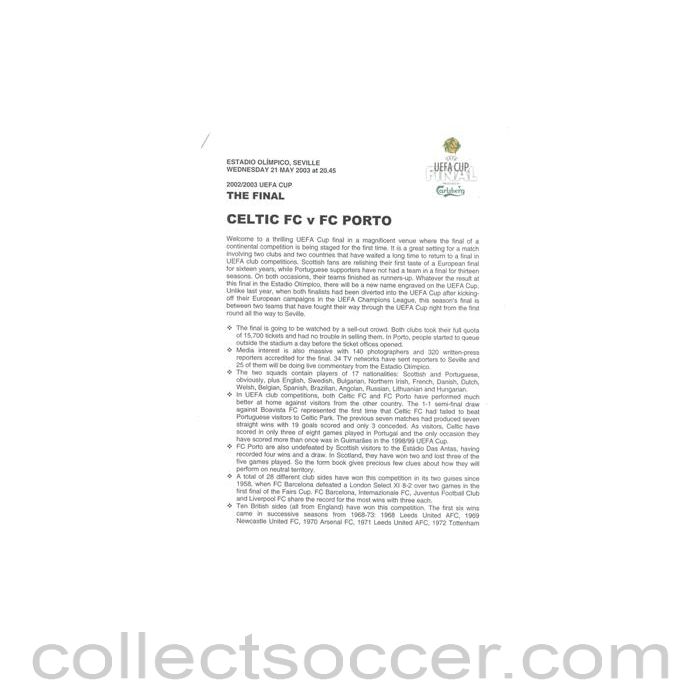 2003 UEFA Cup Final Celtic v Porto press pack 21/05/2003, without folder