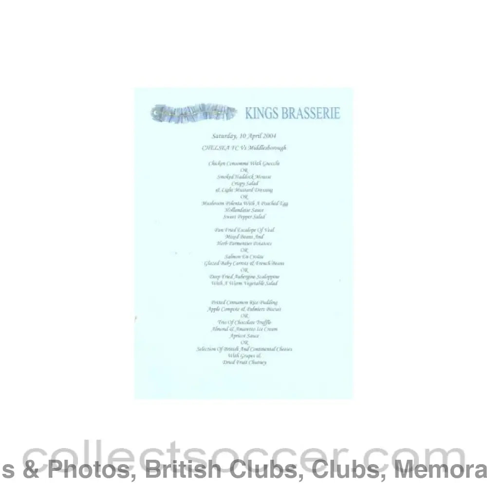 2004 - Chelsea v Middlesbrough Kings Brasserie blue menu 10/04/2004 Premier League