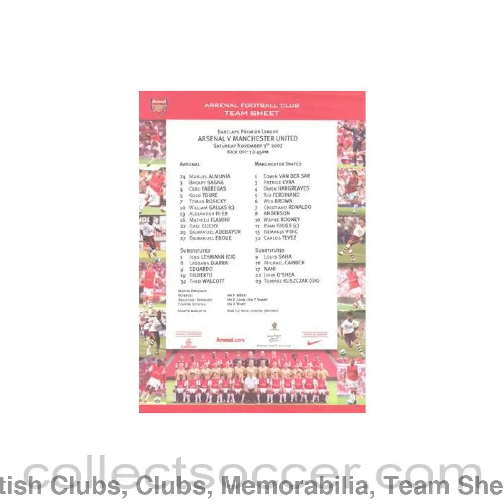 2007 - Arsenal v Manchester United official colour teamsheet 03/11/2007 Premier League