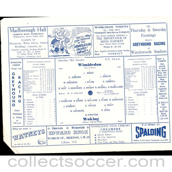 1958 - Wimbledon v Woking 18/10/1958 Official Programme