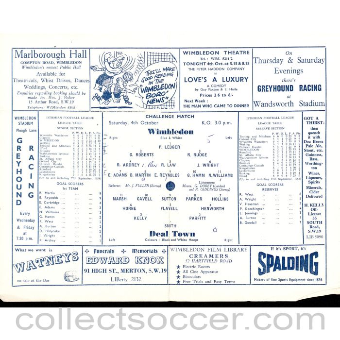 1958 - Wimbledon v Deal Town - Challenge Match 4/10/1958 Official Programme