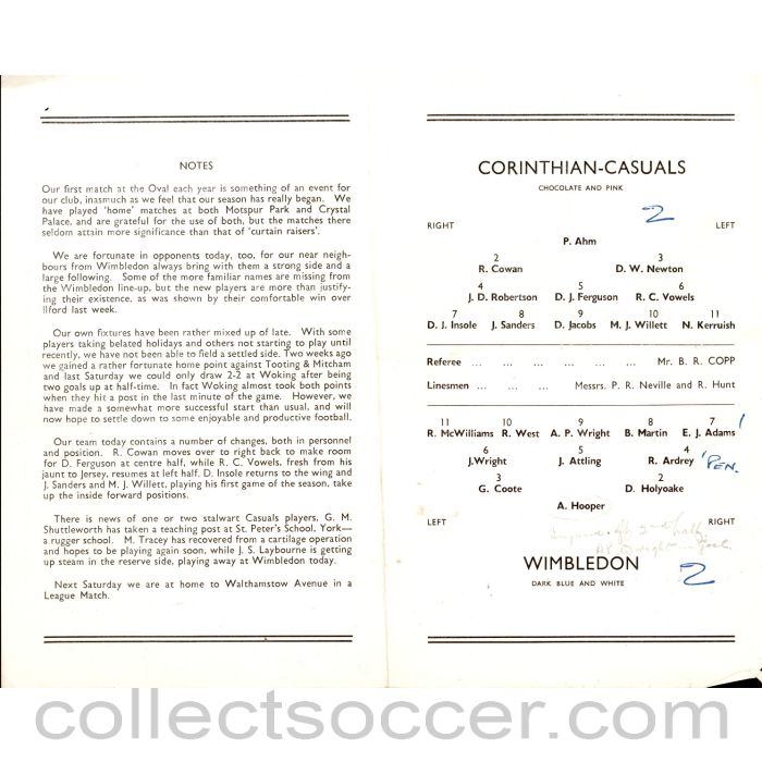 1957 - Corinthinan Casuals v Wimbledon 5/10/1957 Football Programme at The Oval