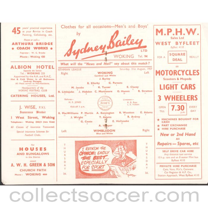 1957 - Woking v Wimbledon 31/08/1957 Football Programme