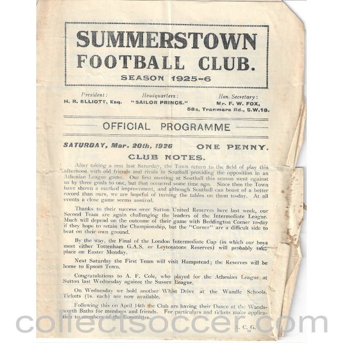 1926 - Summerstown v Southall 20/3/1926 Official Programme