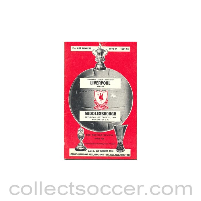 1974 - Liverpool v Middlesbrough official programme 12/10/1974