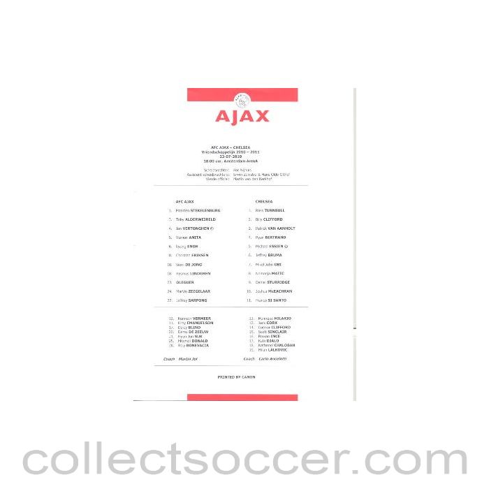 2010 - Ajax V Chelsea Official Teamsheet 23/07/2010 VIP Restaurant Issue
