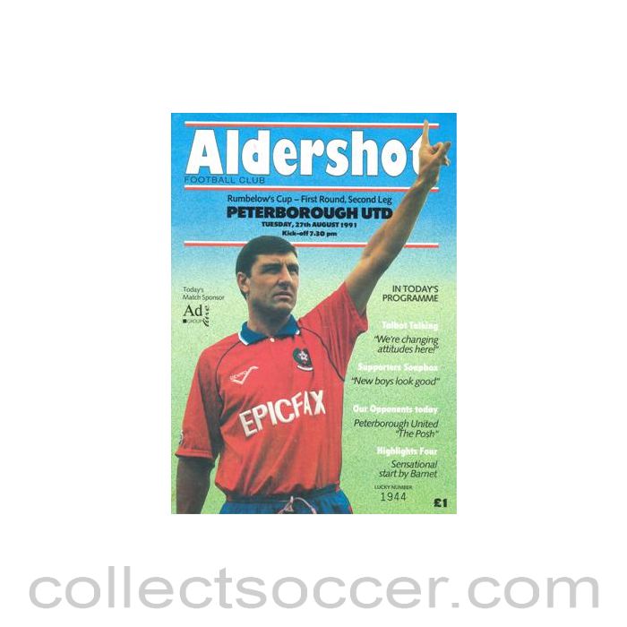 1991 - Aldershot Town v Peterborough United official programme 27/08/1991 Rumbelows Cup