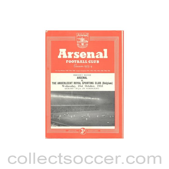 1953 - Arsenal v The Anderlecht Royal Sporting Club Belgium official programme 21/10/1953 Friendly Match