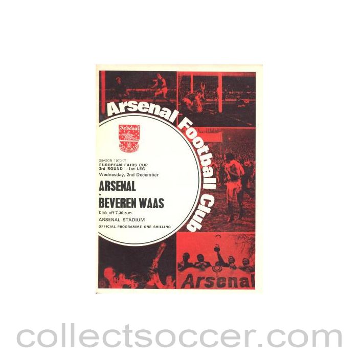 1970 - Arsenal v Beveren Waas European Fairs Cup Third Round First Leg official programme 02/12/1970