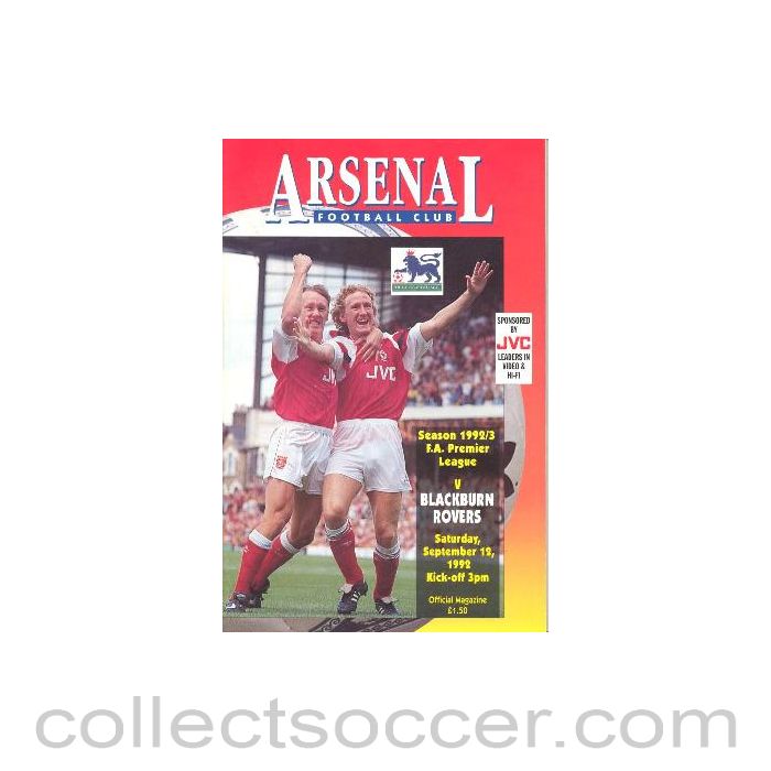 1992 - Arsenal v Blackburn Rovers official programme 12/09/1992 Premier League