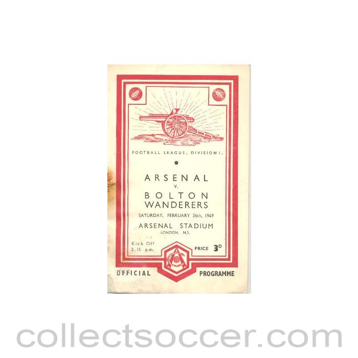 1949 - Arsenal v Bolton Wanderers official programme 26/02/1949 Football League