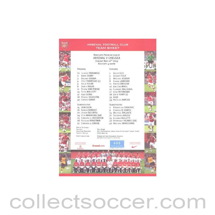 2009 - Arsenal v Chelsea official colour printed teamsheet 10/05/2009