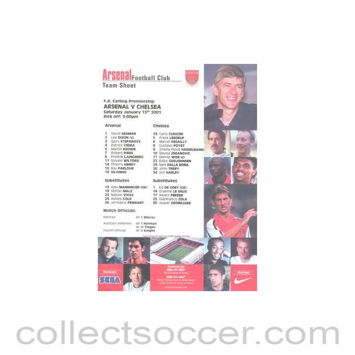 2001 - Arsenal v Chelsea official colour teamsheet 13/01/2001 Premier League