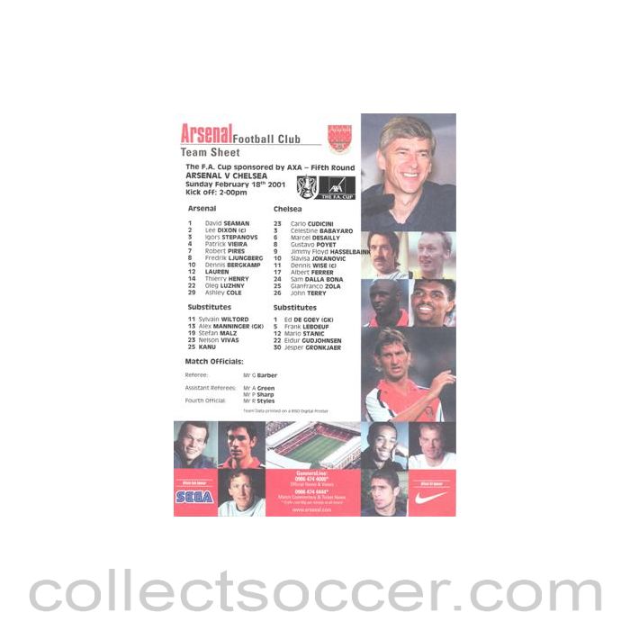 2001 - Arsenal v Chelsea official colour teamsheet 18/02/2001 F.A. Cup