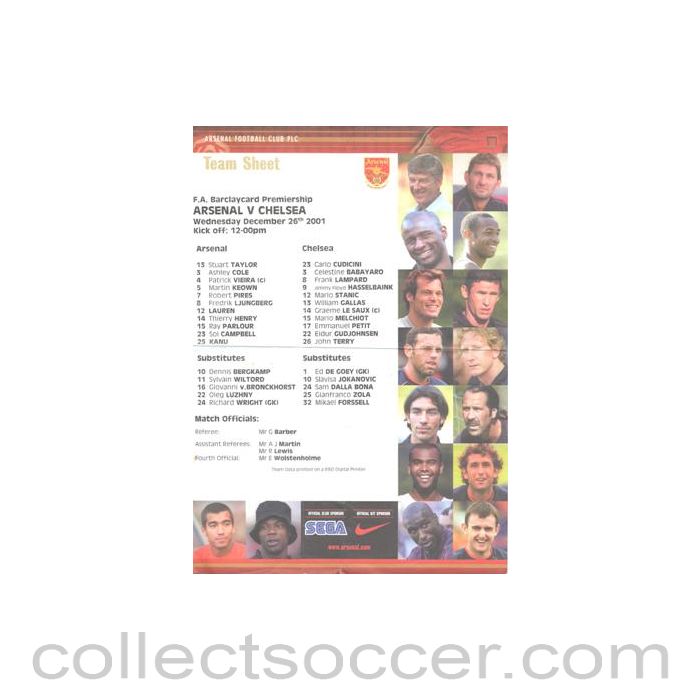 2001 - Arsenal v Chelsea official colour teamsheet 26/12/2001 Premier League