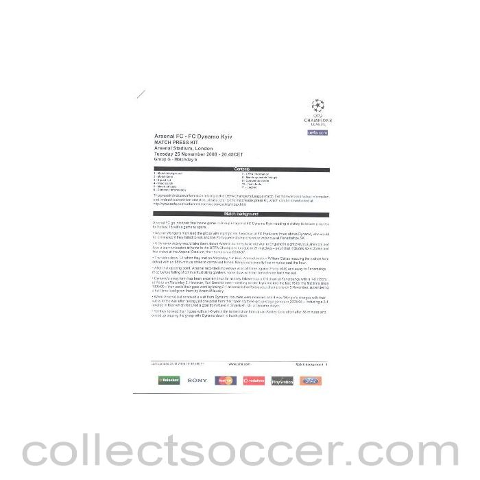 2008 - Arsenal v Dynamo Kyiv press pack 25/11/2008