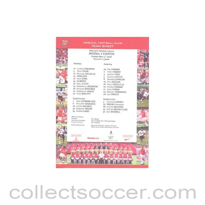 2008 - Arsenal v Everton official colour teamsheet 04/05/2008 Premier League