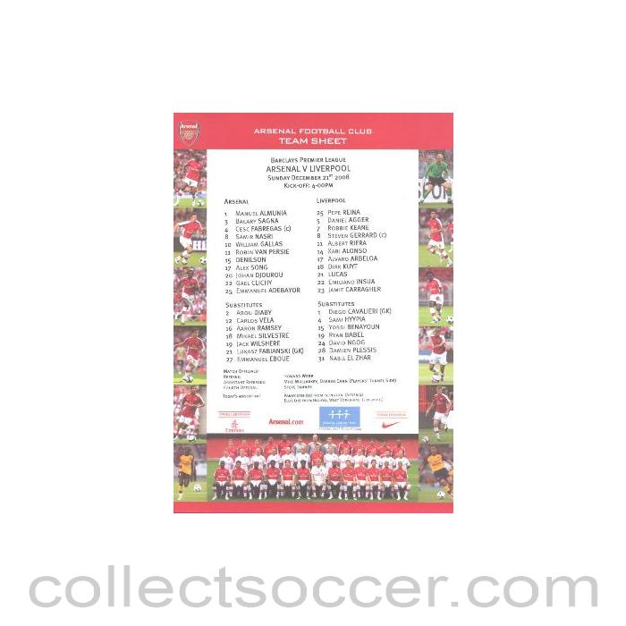 2008 - Arsenal v Liverpool official colour printed teamsheet 21/12/2008