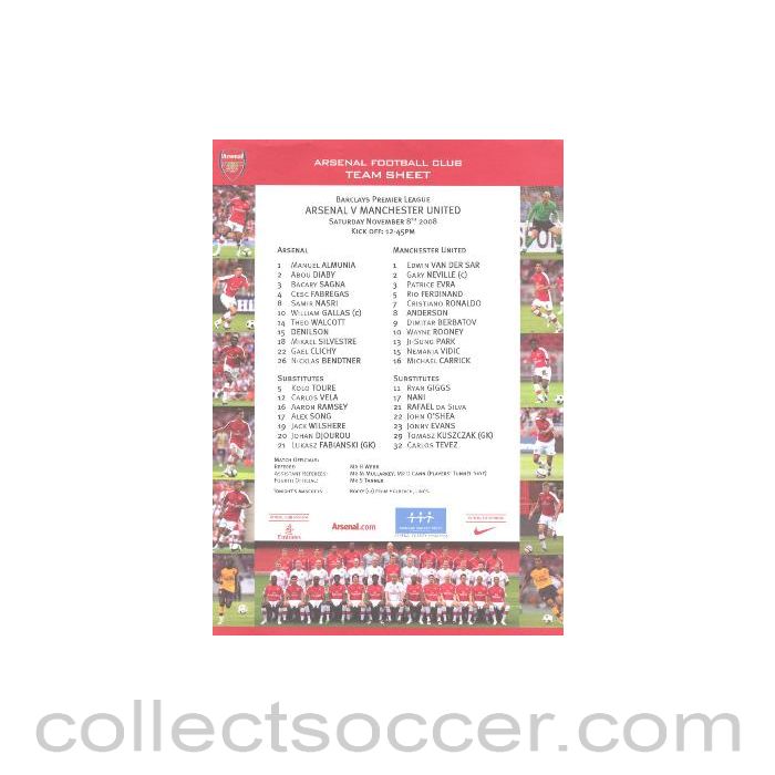 2008 - Arsenal v Manchester United colour printed teamsheet 08/11/2008 Premier League