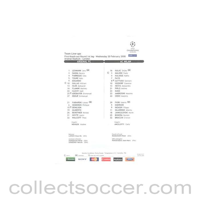 2008 - Arsenal v Milan line-ups 20/02/2008 Champions League