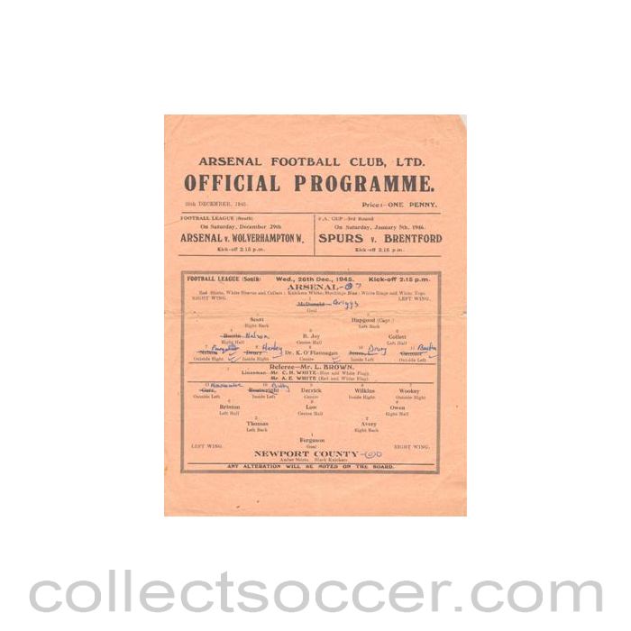 1945 - Arsenal v Newport County official programme 26/12/1945
