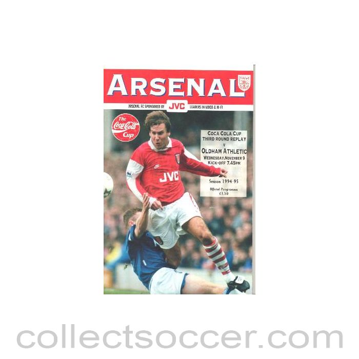 1994 - Arsenal v Oldham Athletic official programme 09/11/1994 Coca Cola Cup