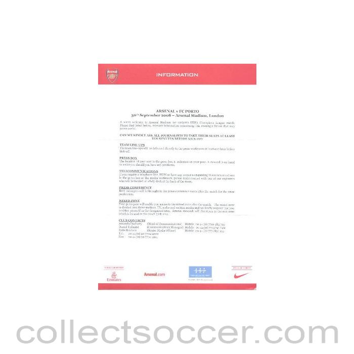2008 - Arsenal v Porto press information in a wallet 30/09/2008