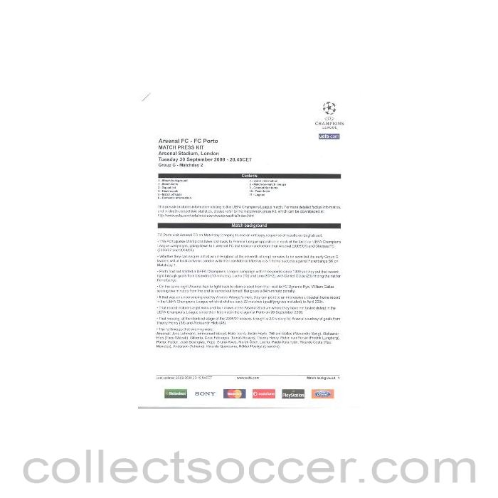 2008 - Arsenal v Porto press pack 30/09/2008