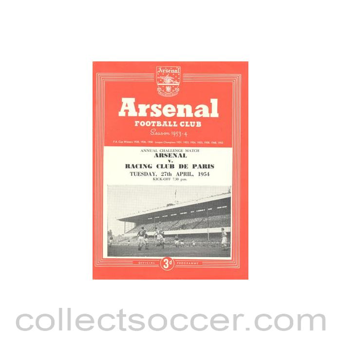 1954 - Arsenal v Racing Club de Paris official programme 27/04/1954 Annual Challenge Match