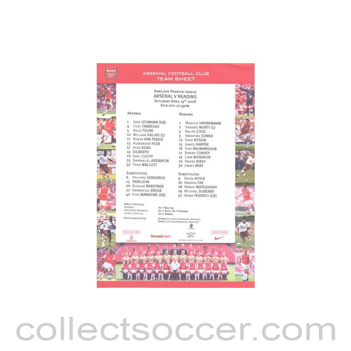 2008 - Arsenal v Reading official colour teamsheet 19/04/2008 Premier League