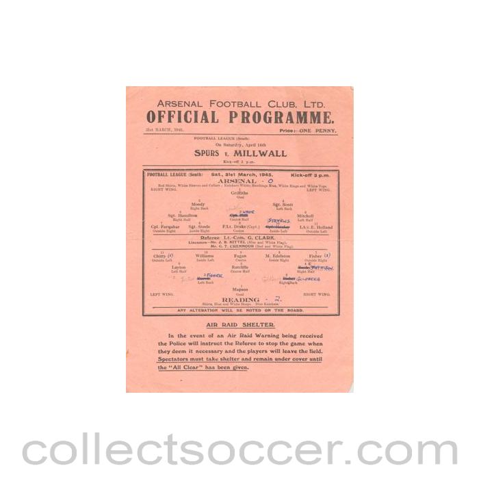 1945 - Arsenal v Reading official programme 31/03/1945