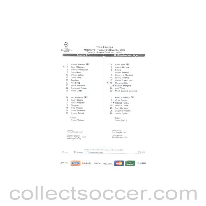 2009 - Arsenal v Standard Liege teamsheet 24/11/2009 Champions League