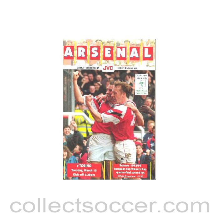 1994 - Arsenal v Torino official programme 15/03/1994 European Cup Winners Cup