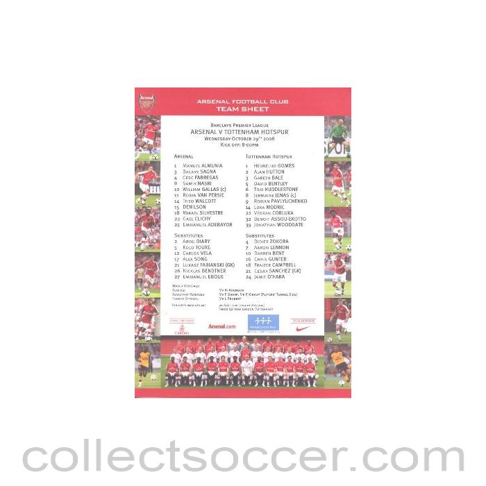 2008 - Arsenal v Tottenham Hotspur colour printed teamsheet 29/10/2008